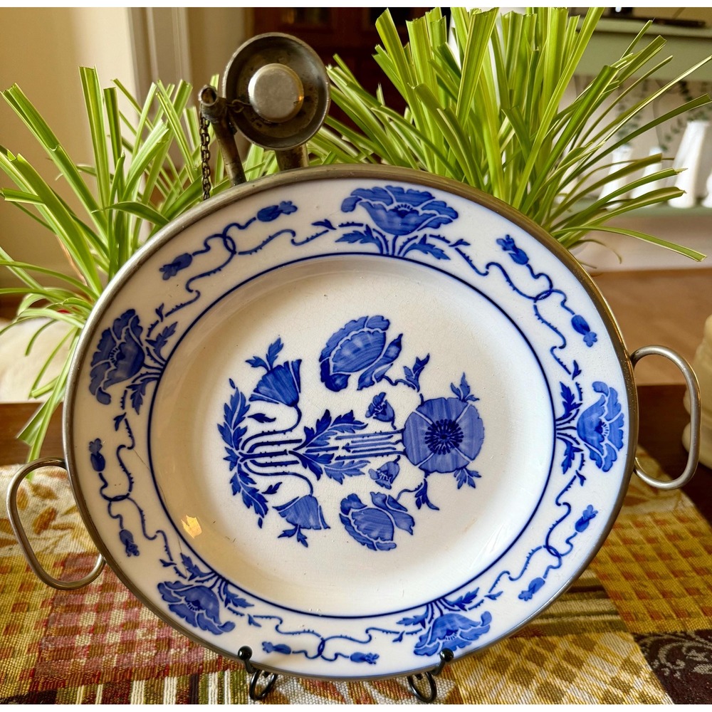 Antique WMF Hot Water Warming Plate Blue White Poppy Ceramic Metal Casing Spout
